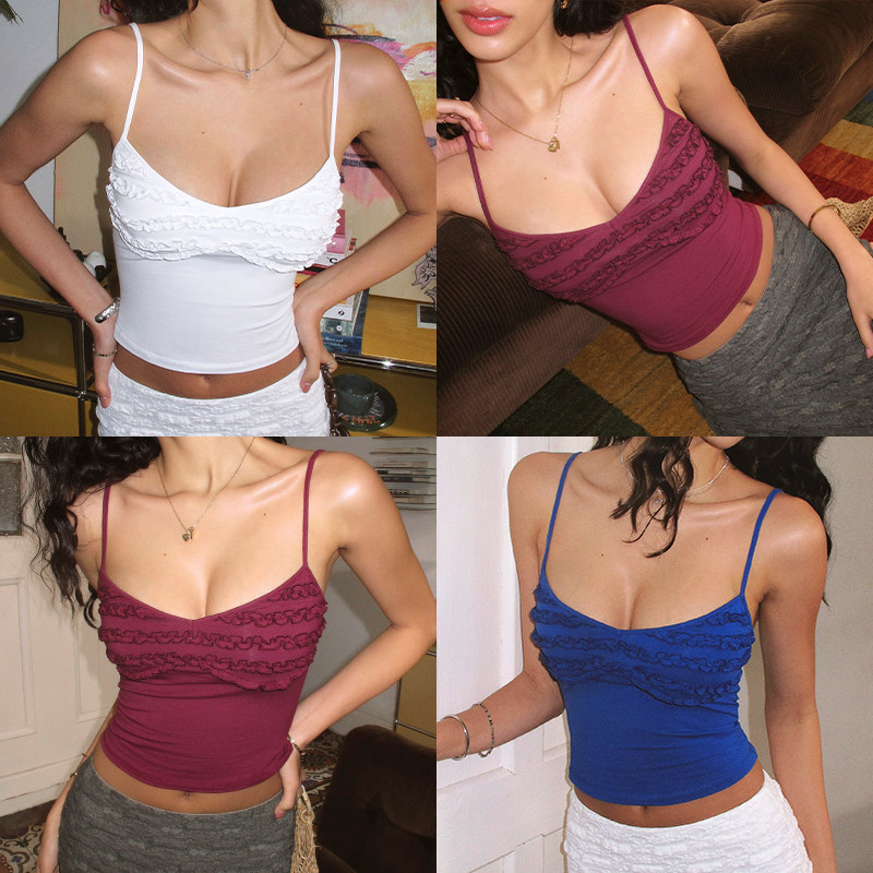 ITSNIKAR 法式木耳边设计背心吊带女夏带胸垫内搭性感显瘦短上衣