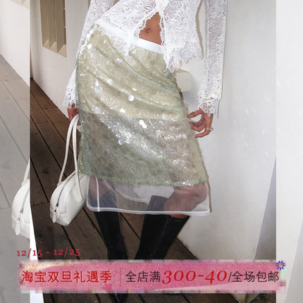 ITSNIKAR 经典细闪珠片半身裙女秋性感显瘦包臀裙重工拼接短裙子