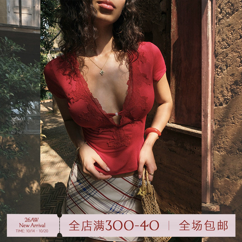 ITSNIKAR 经典蕾丝拼接v领短袖T恤女夏蝴蝶结性感修身显瘦短上衣
