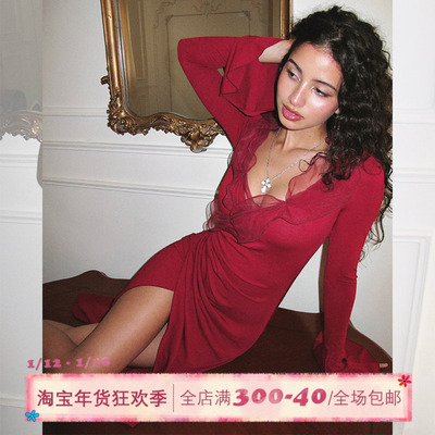 ITSNIKAR 法式V领长袖针织连衣裙女秋冬抽褶显瘦包臀裙性感长裙子