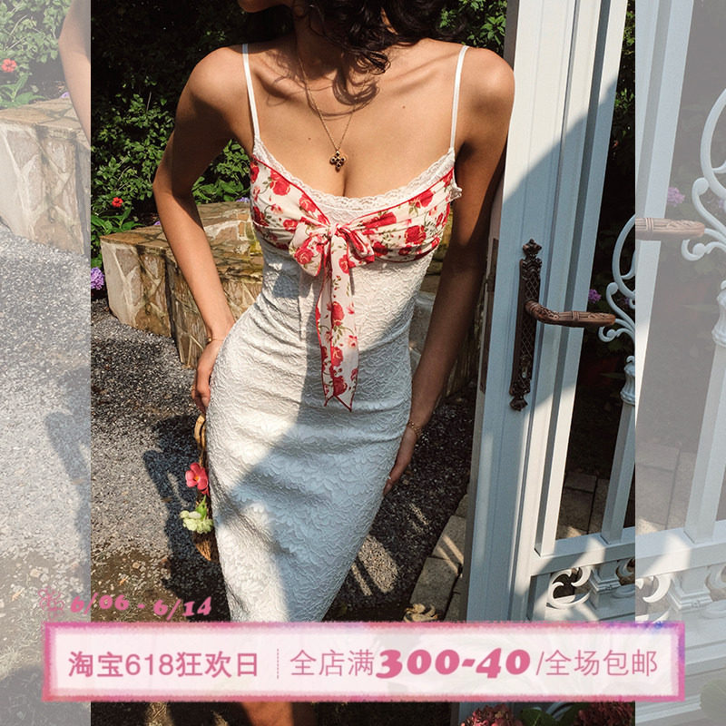 ITSNIKAR法式蕾丝拼接吊带连衣裙女性感修身包臀裙立体碎花短裙子