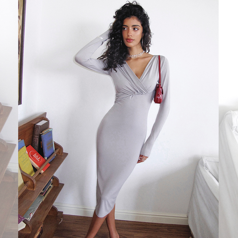 ITSNIKAR 复古V领长袖连衣裙女初秋修身显瘦包臀裙垂感开衩长裙子