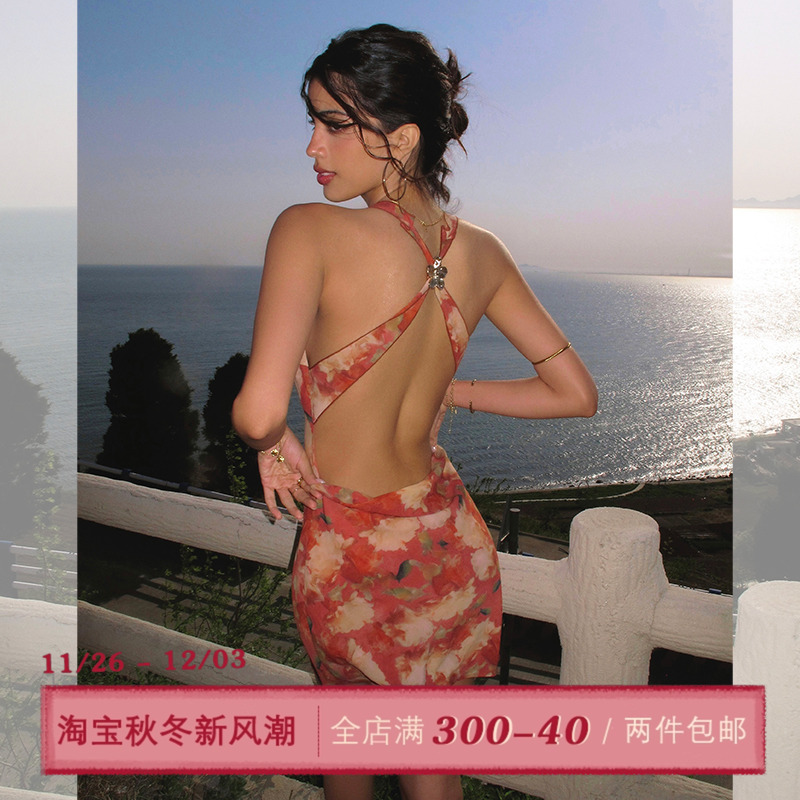 ITSNIKAR复古红色碎花连衣裙女性感挂脖吊带裙海边露背度假长裙子