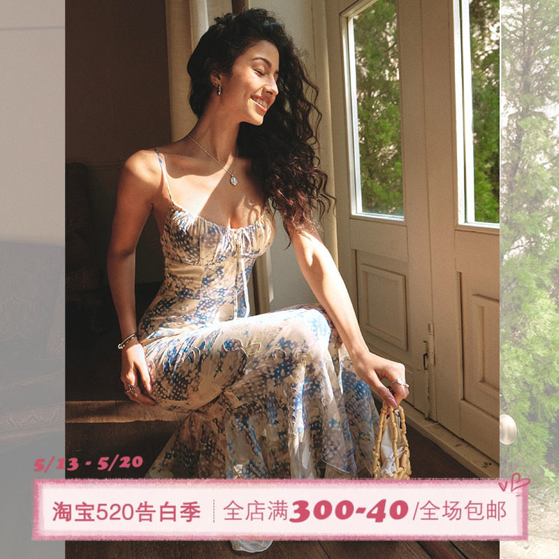 ITSNIKAR【清酒裙】蓝色碎花连衣裙女性感吊带长裙海边度假鱼尾裙
