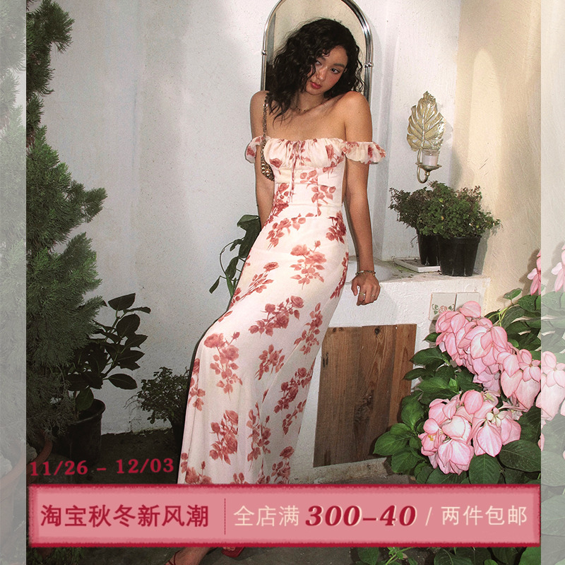 ITSNIKAR 复古印花短袖连衣裙女夏露背绑带包臀裙方领显瘦长裙子