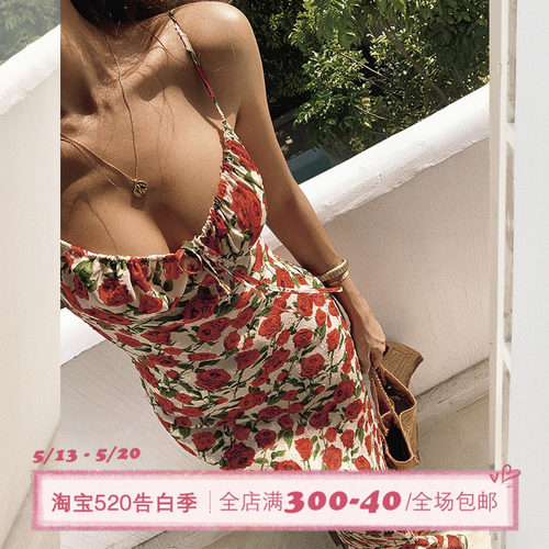 ITSNIKAR玫瑰花度假风吊带裙子