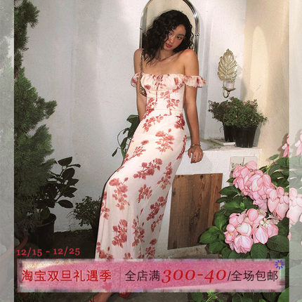 ITSNIKAR 复古印花短袖连衣裙女夏露背绑带包臀裙方领显瘦长裙子