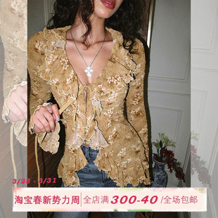 女秋木耳边打底衫 印花V领雪纺蕾丝衫 收腰开衩短上衣 法式 ITSNIKAR