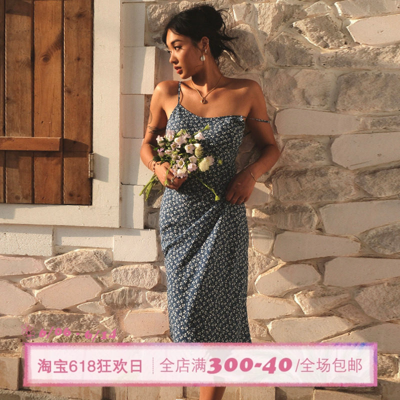 ITSNIKAR 复古波点碎花连衣裙女春夏度假风修身吊带裙包臀长裙子