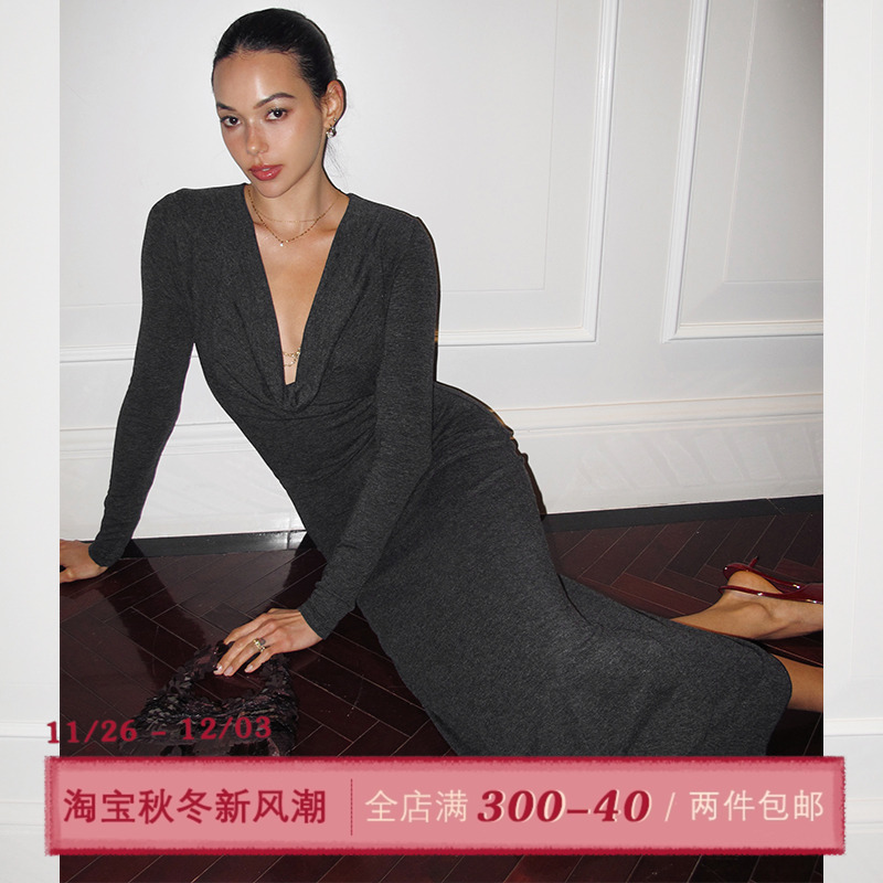 ITSNIKAR 法式深V荡领连衣裙女秋冬褶皱长袖针织包臀裙显瘦长裙子