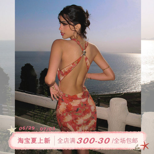 ITSNIKAR复古红色碎花连衣裙女性感挂脖吊带裙海边露背度假长裙子