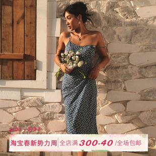 ITSNIKAR 吊带裙包臀长裙子 复古波点碎花连衣裙女春夏度假风修身