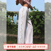 抽褶绑带长裤 ITSNIKAR肌理感镂空花边休闲裤 女夏阔腿显瘦直筒裤 子