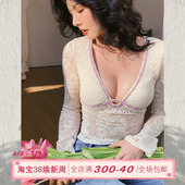 气质性感弹力修身 温柔纯欲镂空蕾丝钩花长袖 V领上衣 法式 ITSNIKAR