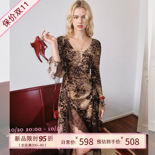 法式 v領(lǐng)豹紋連衣裙女秋修身 性感包臀長裙子 ITSNIKAR