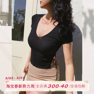 针织上衣 薄款 ITSNIKAR欧美性感露腰绑带V领短袖 T恤侧开衩收腰修身