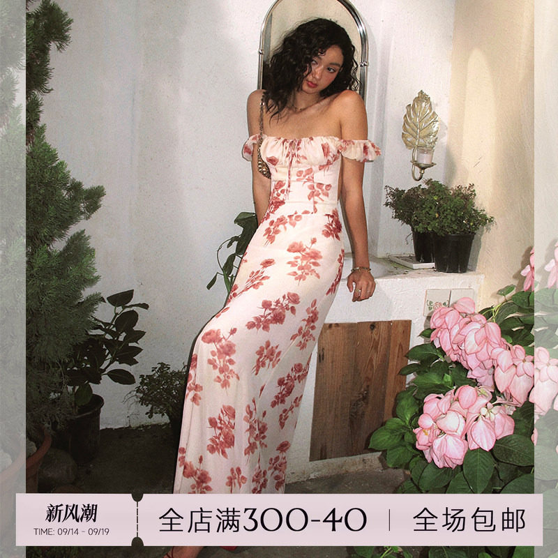 ITSNIKAR 复古印花短袖连衣裙女夏露背绑带包臀裙方领显瘦长裙子