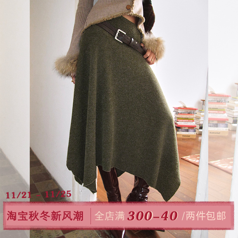 ITSNIKAR 复古黑色毛呢半身裙女秋修身显瘦包臀裙不规则a字长裙子