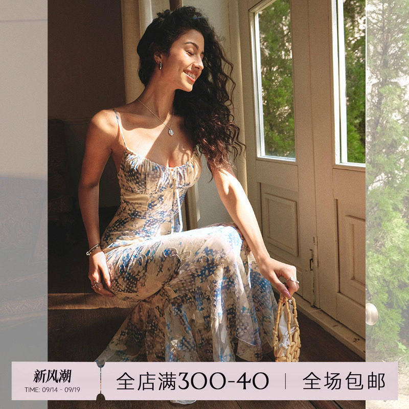 ITSNIKAR【清酒裙】蓝色碎花连衣裙女性感吊带长裙海边度假鱼尾裙图片