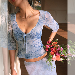 ITSNIKAR 法式碎花丝绒中袖毛针织衫女秋性感V领打底衫修身短上衣