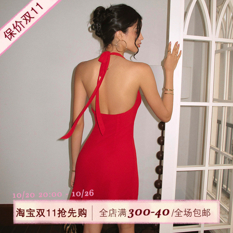 ITSNIKAR 红色雪纺连衣裙女夏度假风挂脖吊带裙显瘦露背短裙子