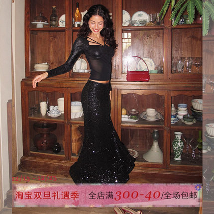 ITSNIKAR 重工珠片细闪半身裙女秋弹力修身鱼尾裙包臀显瘦长裙子