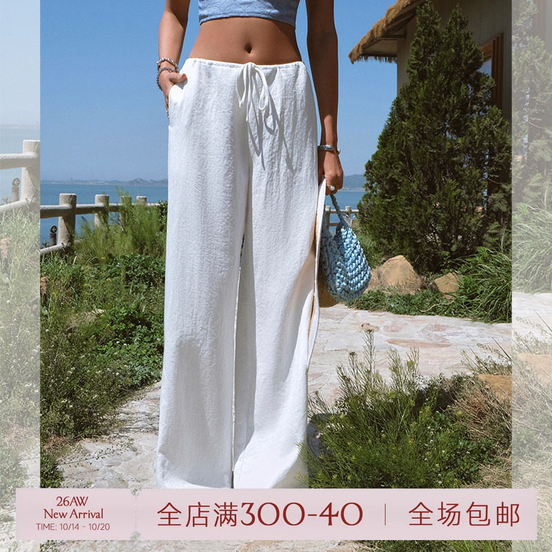 ITSNIKAR慵懒白色休闲裤女夏棉麻亚麻感松弛海边度假沙滩裤长裤子