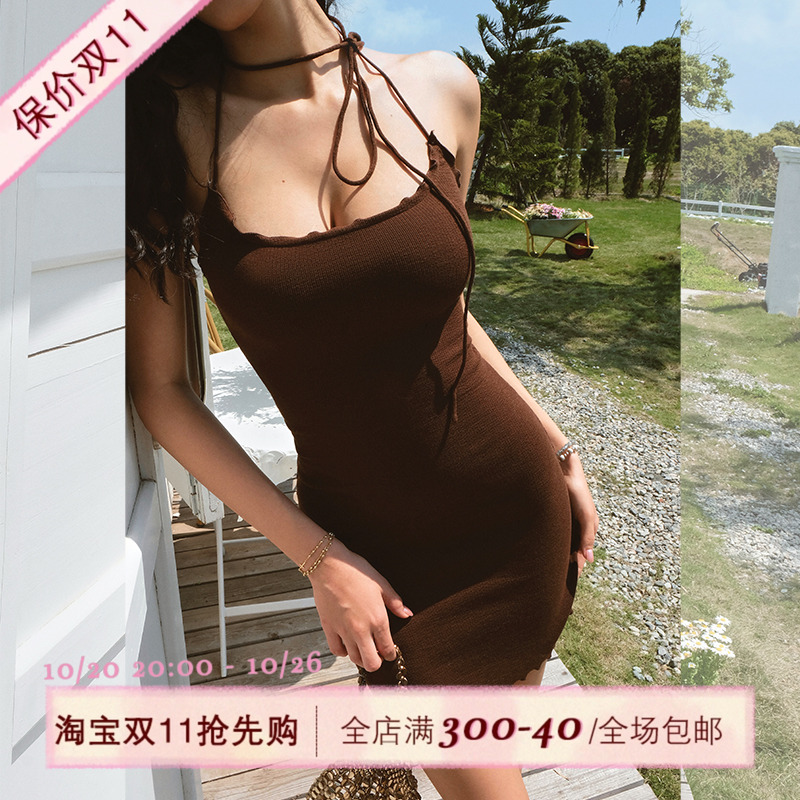 ITSNIKAR经典挂脖针织连衣裙女夏修身显瘦包臀裙木耳边设计短裙子