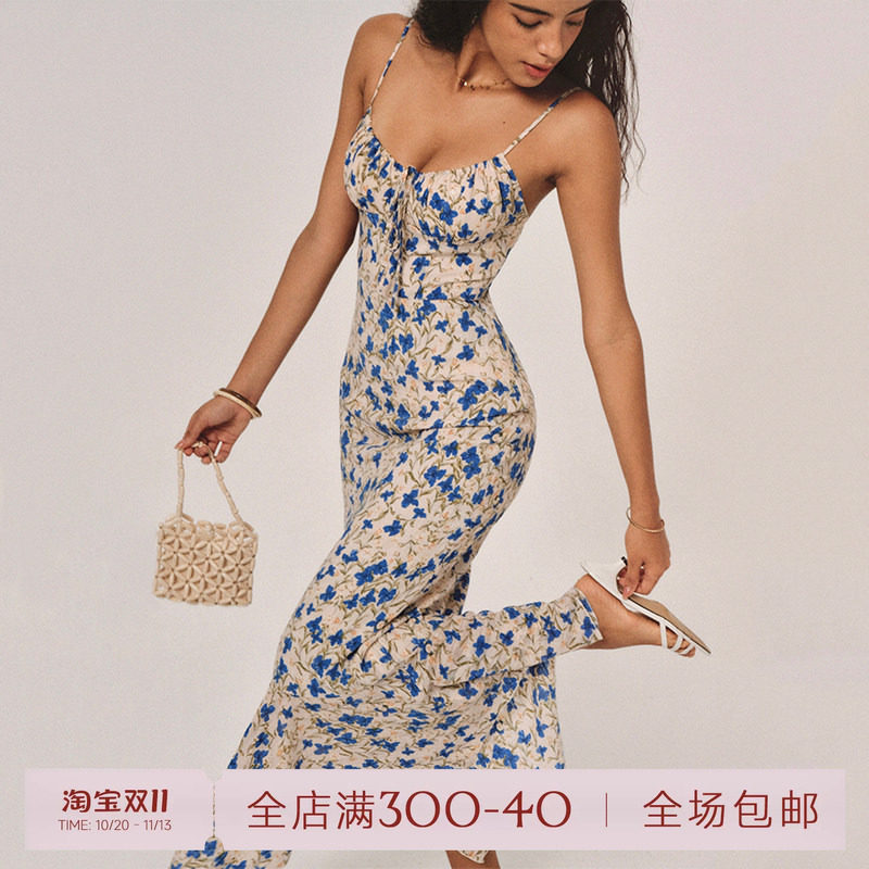 ITSNIKAR法式蓝色蝴蝶碎花连衣裙女夏海边吊带裙海岛度假长款裙子