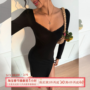ITSNIKAR 法式方领长袖针织连衣裙女冬性感蕾丝包臀裙开衩长裙子
