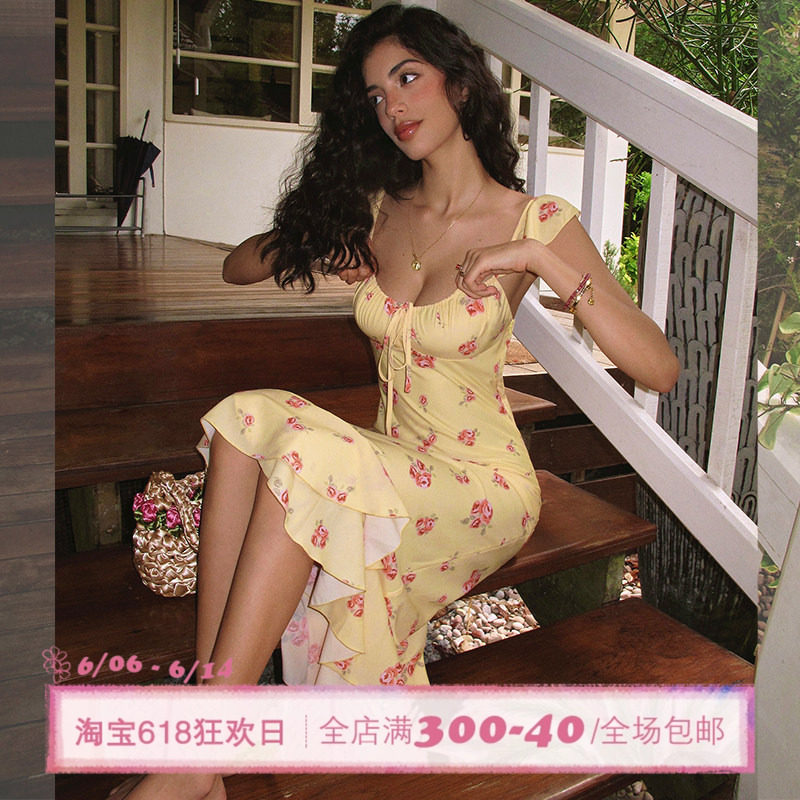 ITSNIKAR【獨家印花】法式碎花吊带连衣裙女夏荷叶边设计鱼尾裙子