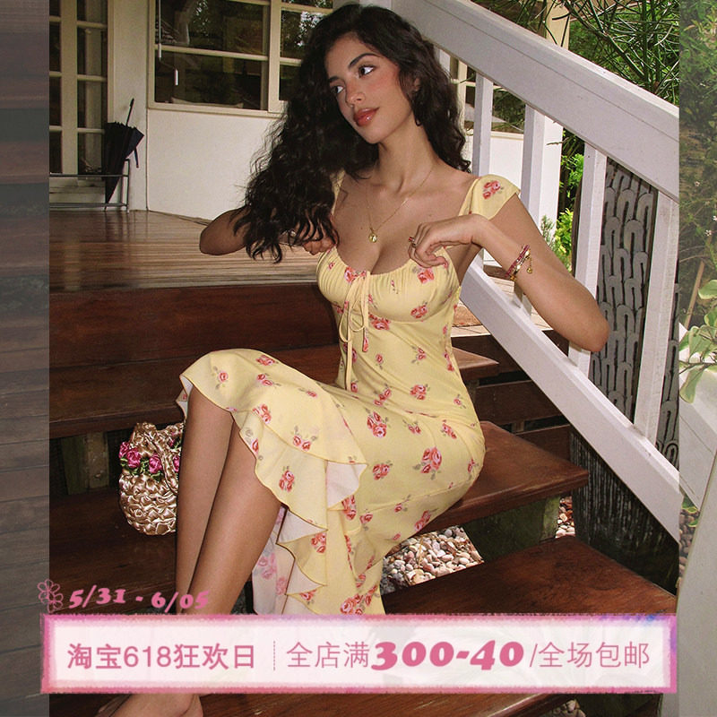 ITSNIKAR【獨家印花】法式碎花吊带连衣裙女夏荷叶边设计鱼尾裙子