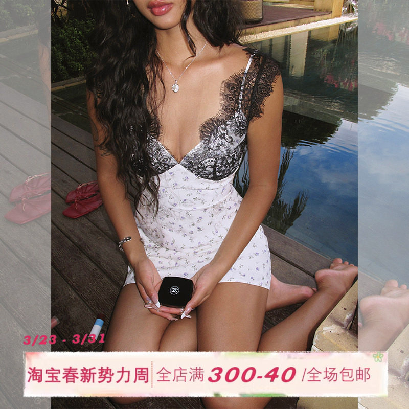 ITSNIKAR蕾丝拼接印花吊带连衣裙女提花设计包臀裙优雅性感短裙子
