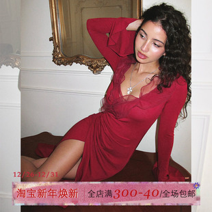 针织连衣裙女秋冬抽褶显瘦包臀裙性感长裙子 V领长袖 ITSNIKAR 法式