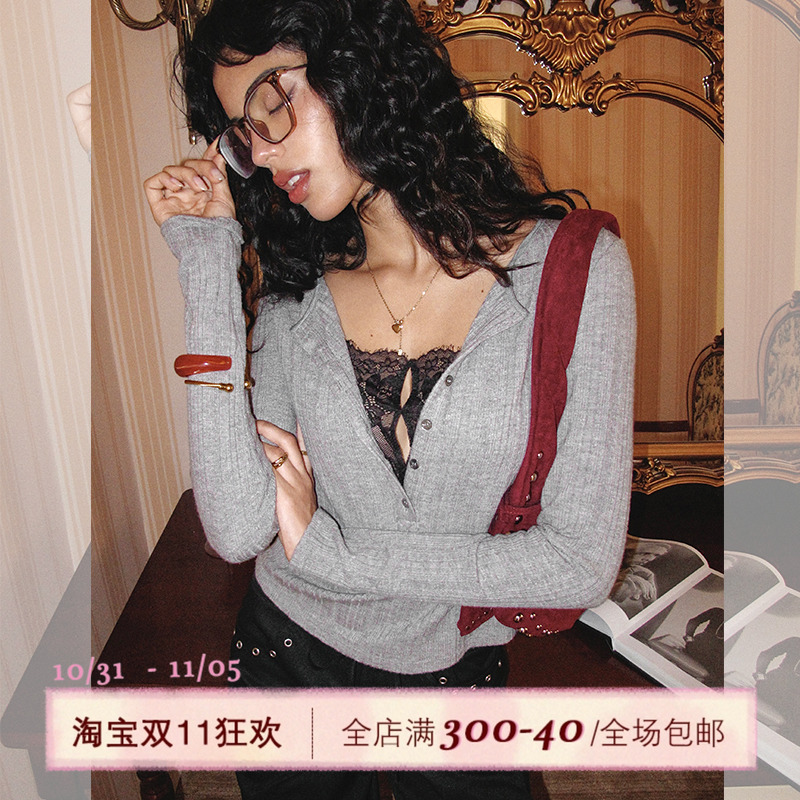 ITSNIKAR 假两件V领毛针织衫女秋性感显瘦打底衫蕾丝拼接长袖上衣