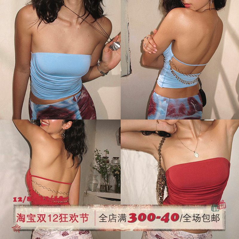 ITSNIKAR裸感露背缩褶抹胸吊带女夏带胸垫垂感内搭针织显瘦短上衣