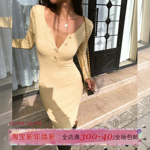 ITSNIKAR 欧美V领针织连衣裙女早秋设计感中长裙显瘦性感包臀裙子