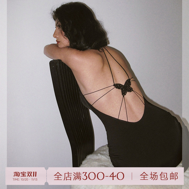 ITSNIKAR 黑色性感蕾丝连衣裙女蝴蝶设计感小众吊带长裙小黑裙子