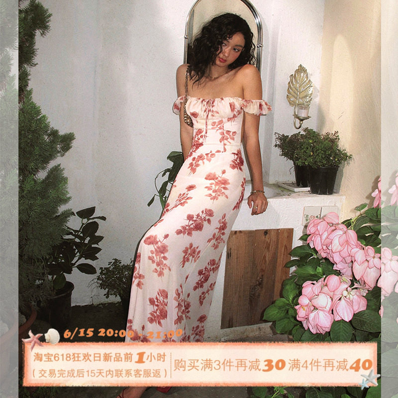 ITSNIKAR 复古印花短袖连衣裙女夏露背绑带包臀裙方领显瘦长裙子