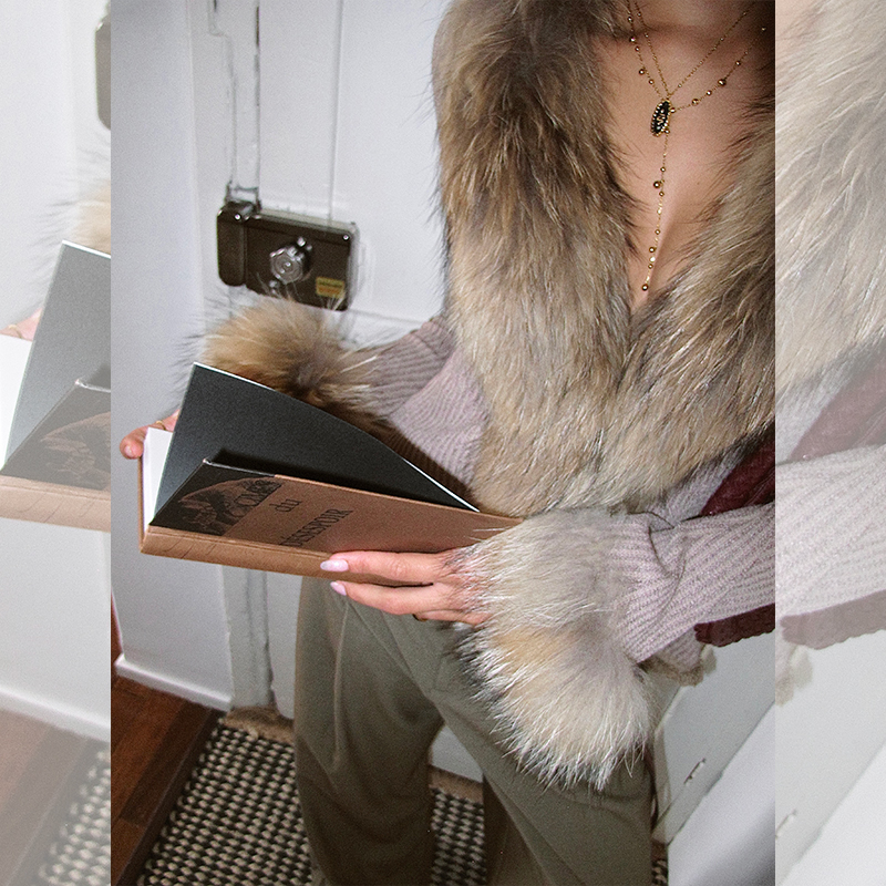 ITSNIKAR貉子毛领毛针织开衫女秋冬复古显瘦打底衫性感修身短上衣