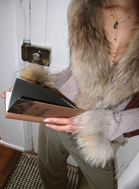 ITSNIKAR貉子毛领针织开衫女秋冬复古毛衣外套性感打底衫修身上衣