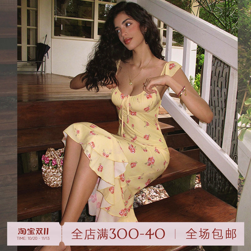 ITSNIKAR【獨家印花】法式碎花吊带连衣裙女夏荷叶边设计鱼尾裙子