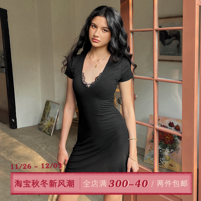 ITSNIKAR 性感黑色v领蕾丝拼接针织连衣裙女夏季纯色修身短裙子