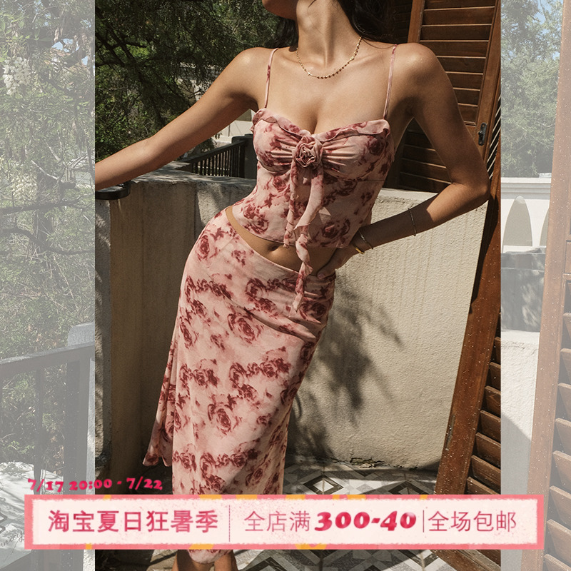 ITSNIKAR新中式复古玫瑰碎花套装女辣妹吊带裙子上衣度假风两件套