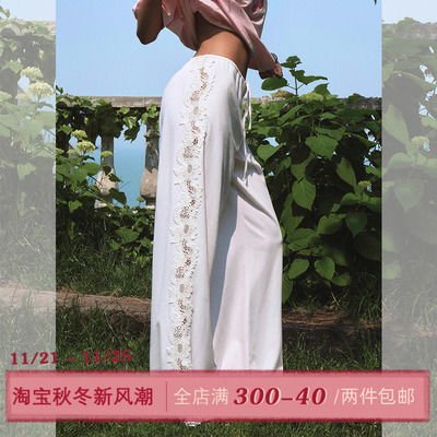 ITSNIKAR肌理感镂空花边休闲裤女夏阔腿显瘦直筒裤抽褶绑带长裤子
