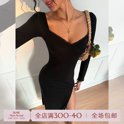 ITSNIKAR 法式方领长袖针织连衣裙女冬性感蕾丝包臀裙开衩长裙子