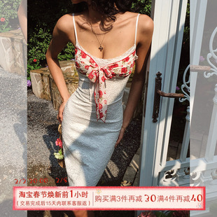 ITSNIKAR法式蕾丝拼接吊带连衣裙女性感修身包臀裙立体碎花短裙子