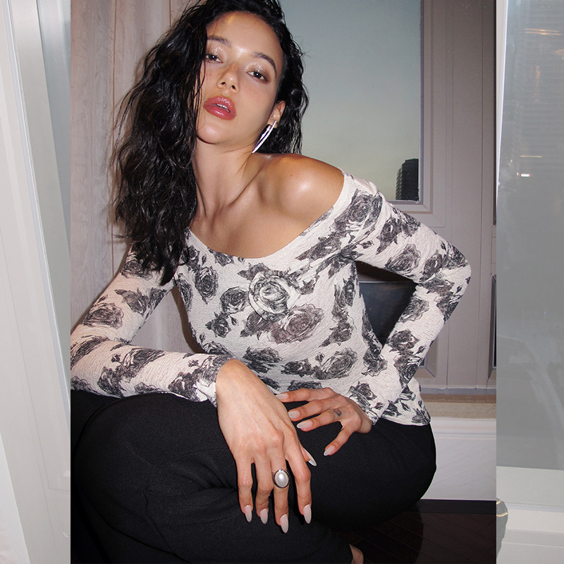 ITSNIKAR 氛围感玫瑰针织衫女秋修身显瘦打底衫小众复古长袖上衣