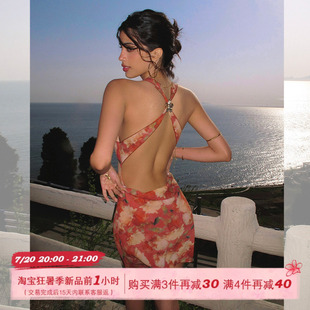 ITSNIKAR复古红色碎花连衣裙女性感挂脖吊带裙海边露背度假长裙子