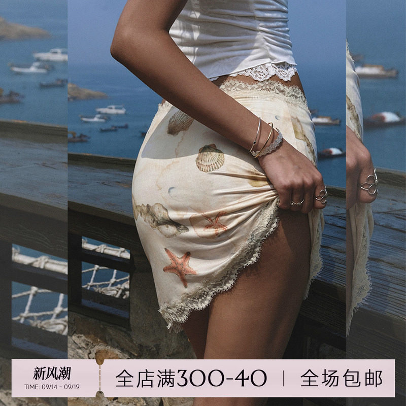 ITSNIKAR 复古印花针织半身裙女夏性感开衩包臀裙蕾丝拼接短裙子图片